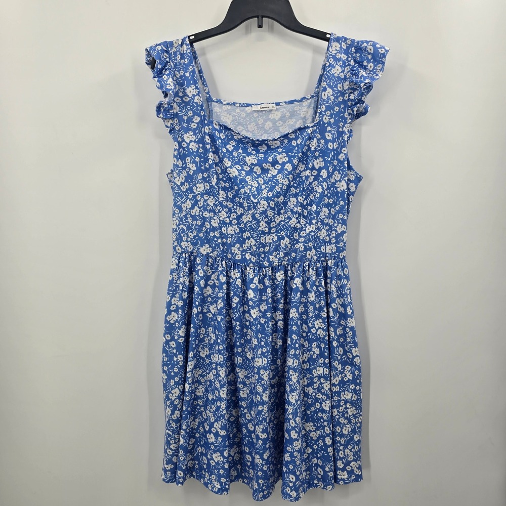Loemes Blue Floral Ruffle Sleeve Mini Dress Square Neck with Pockets XL
